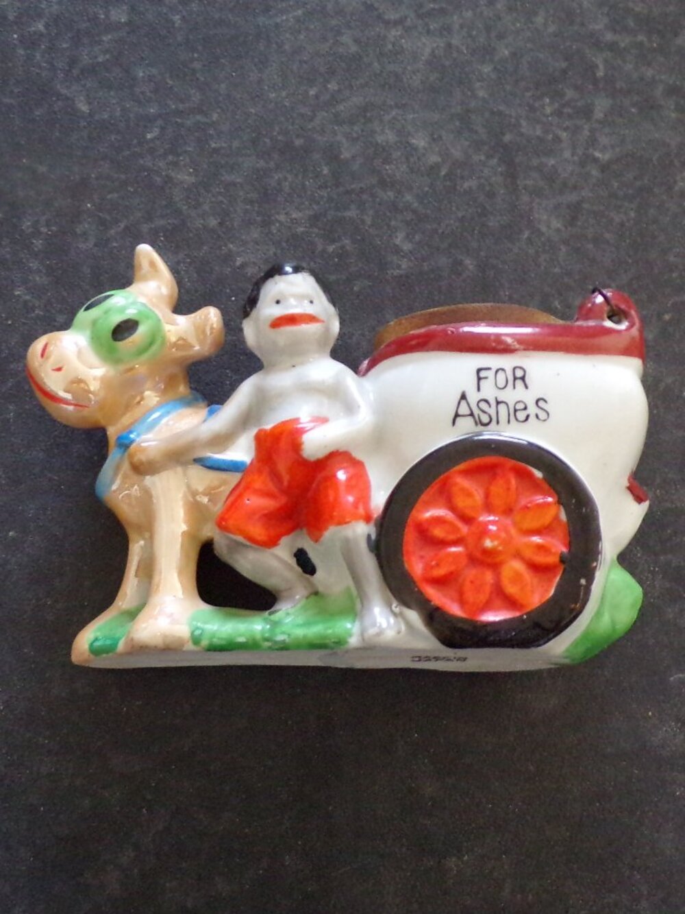 Vintage Japan Ceramic Ashtray Figurine Boy Donkey Cart Lustreware “FOR Ashes”
